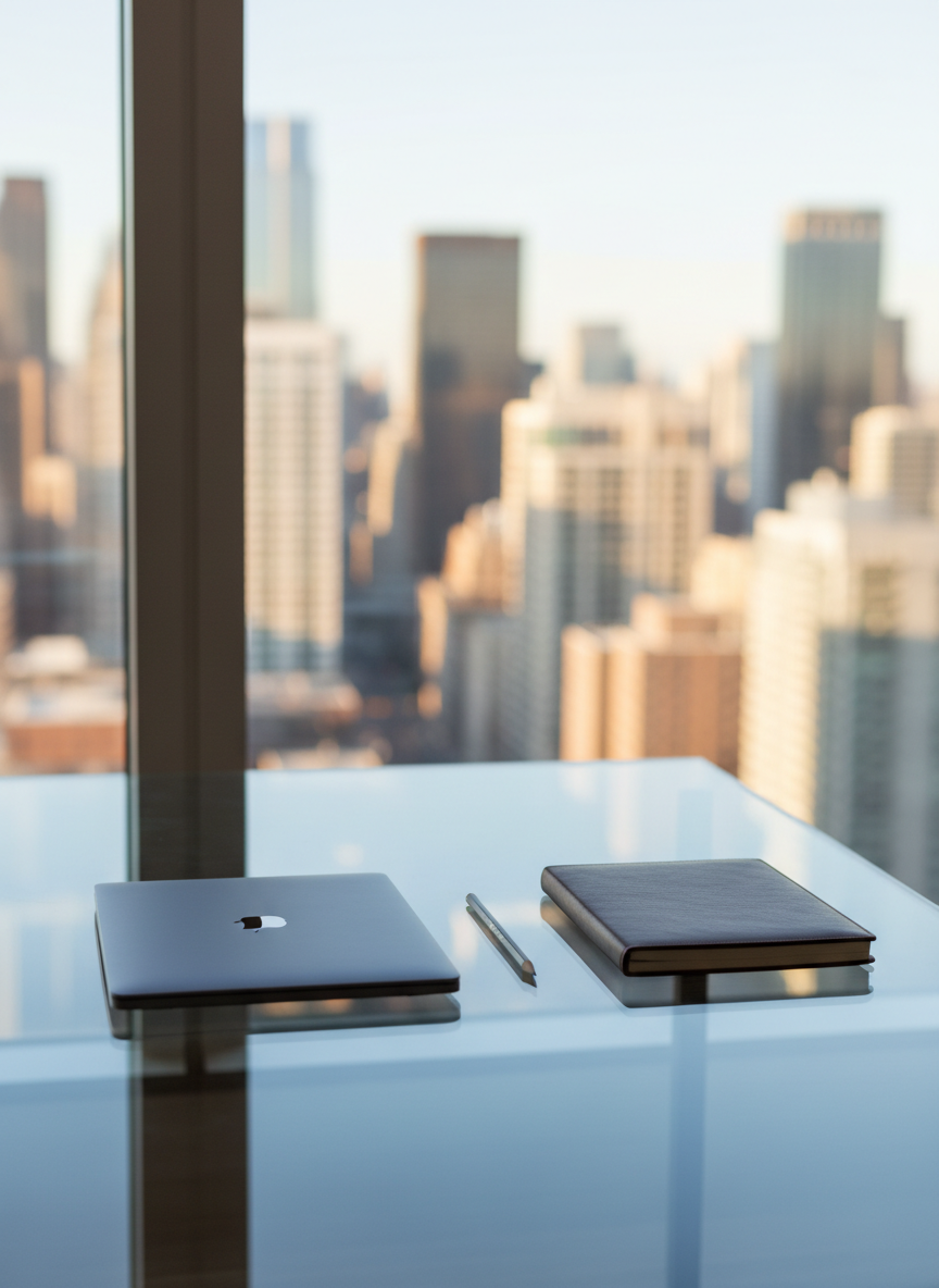 A sleek, modern glass-topped desk with a closed slim laptop, a leather-bound notebook, and a single graphite pencil neatly aligned beside it. The desk stands in front of a large window overlooking a softly blurred city skyline, suggesting ambition and professional growth without showing any people. Late afternoon natural light pours in, creating crisp reflections on the glass surface and gentle shadows beneath the objects. The mood is focused and aspirational, with a calm, organized atmosphere. Photographed at eye level with a slight angle from the right, using shallow depth of field to keep the desk items in sharp photographic realism while the background dissolves into a smooth bokeh, giving a clean and contemporary portfolio feel.