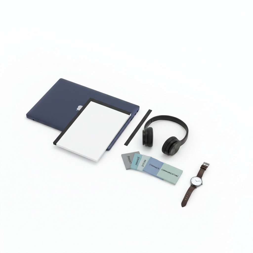 A structured flat lay of career-focused objects arranged on a white seamless background: a closed navy laptop with a subtle brushed-metal texture, a slim black portfolio folder slightly open to reveal crisp white pages, a pair of minimalist over-ear headphones resting beside a small stack of color-coded index cards labeled with generic skill categories, and a stainless steel watch placed precisely at the corner. Soft, even studio lighting minimizes harsh shadows, creating a clean, editorial style photographic image. The objects are arranged with asymmetrical balance, leaving negative space for future text overlays. The mood is modern, ambitious, and organized, reflecting preparation for academic and career opportunities in a sleek, professional manner without including any human subjects.