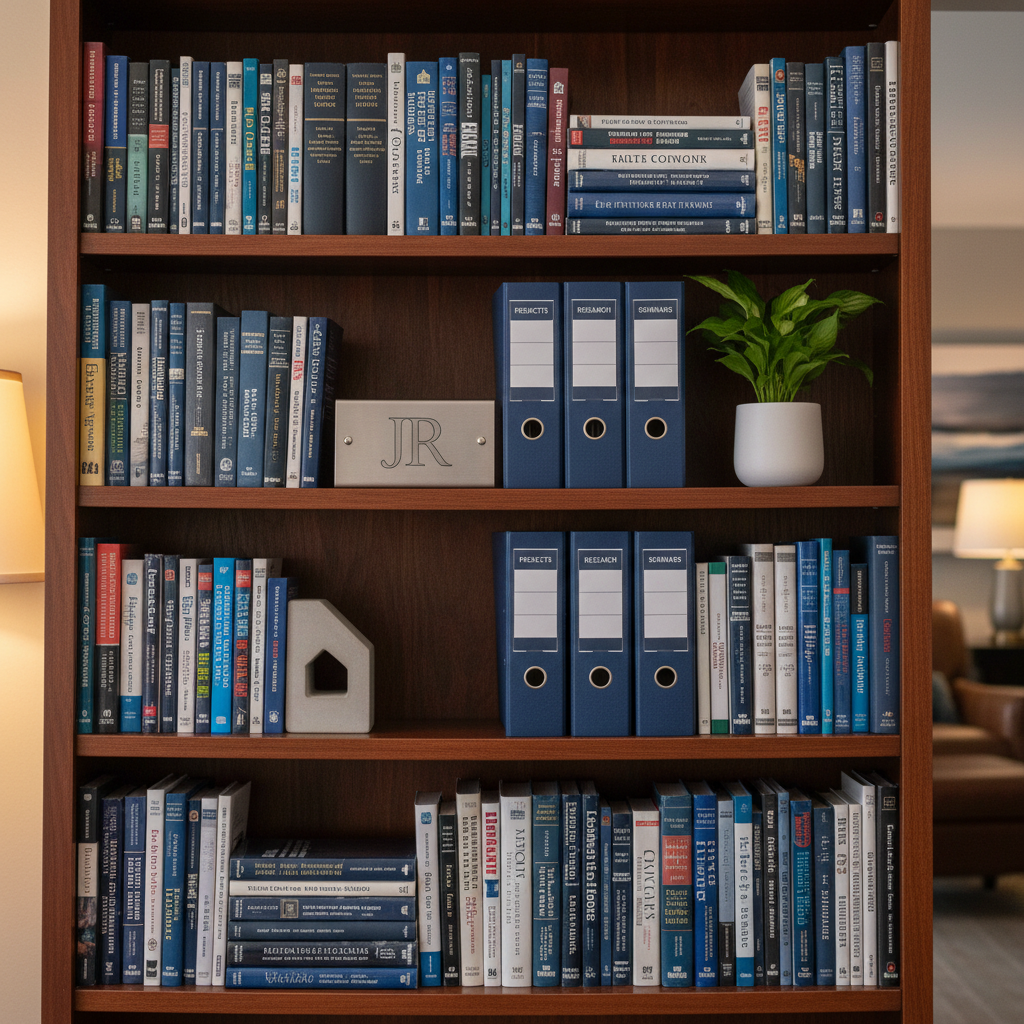 A stately wooden bookshelf with adjustable shelves, filled with neatly arranged academic textbooks, professional development guides, and a few labeled binders, all with coordinated navy, white, and gray spines. On one shelf sits a small brushed-steel plaque etched with the initials “JR,” flanked by a geometric concrete bookend and a compact, thriving green plant in a matte white pot. Warm, indirect lamplight from the left side casts a cozy glow across the spines and subtle shadows within the shelves, while the surrounding room remains softly blurred. Shot at eye level in photographic realism, the composition uses the rule of thirds to highlight the plaque and plant. The mood is scholarly and aspirational, suggesting depth of knowledge and ongoing learning for a professional portfolio.