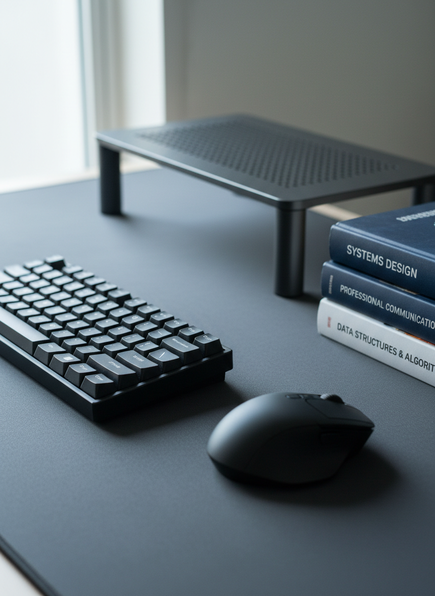 A high-resolution close-up of a black mechanical keyboard and a wireless mouse resting on a matte charcoal desk mat, adjacent to a neatly stacked set of technical books with navy blue and white spines titled with generic topics like “Systems Design” and “Professional Communication.” A slim external monitor stand, empty of any screen, rises in the background, hinting at a digital workspace without displaying people. Cool, diffused light from a nearby window creates soft reflections on the keys and a gentle gradient across the desk surface. Shot from a low, angled perspective with shallow depth of field, the front row of keys and book spines are tack-sharp while the background fades smoothly. The mood is focused and technical, embodying a clean, photographic realism suited to a professional profile.