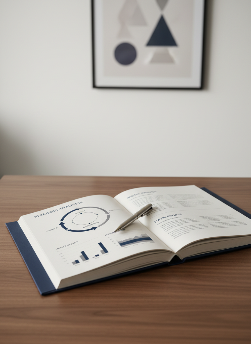 An open hardcover portfolio book laid flat on a smooth walnut table, its thick matte pages displaying neatly arranged charts, diagrams, and text blocks, all in a cohesive navy blue and charcoal gray color palette. A brushed metal pen rests across the center fold, catching a subtle highlight. The setting is a minimalist workspace with a blurred background of a white wall and a single abstract framed print. Soft studio lighting from above and slightly to the left creates even illumination with gentle, professional shadows. Shot from a slightly elevated angle, the composition follows the rule of thirds, emphasizing the portfolio spread. The photographic realism and uncluttered environment convey professionalism, organization, and attention to detail.