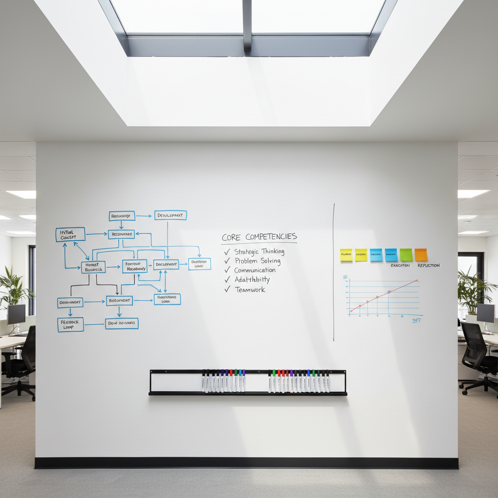 A detailed shot of a whiteboard wall in a modern office setting, covered with neatly drawn flowcharts, bullet lists of competencies, and color-coded sticky notes labeled with generic project phases like “Planning,” “Execution,” and “Reflection.” A single black marker tray at the base holds a set of fine-tip markers arranged by color. Overhead daylight from a nearby skylight floods the room, creating bright, even illumination and faint reflections on the glossy whiteboard surface. Photographed straight-on with wide-angle clarity, every line and note is legible, while the rest of the office fades into a soft blur at the edges. The scene feels strategic and collaborative in spirit, yet features no people, emphasizing organized thinking and problem-solving skills in a professional, photographic style.
