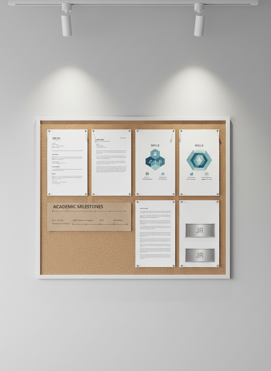 A clean cork bulletin board mounted on a smooth light-gray wall, covered with neatly pinned elements: a polished resume printed on bright white paper, a skills infographic in muted blues, a timeline of academic milestones on kraft paper, and a small metallic nameplate engraved with “JR”. Each item is perfectly aligned, with slender silver pushpins adding subtle shine. Overhead track lighting casts soft, directional light that creates delicate shadows around the paper edges, adding depth and texture. Captured straight-on with sharp focus across the entire frame, the photographic image has a calm, deliberate mood, suggesting careful curation of achievements. The overall aesthetic is modern and professional, ideal for representing an organized e-portfolio.